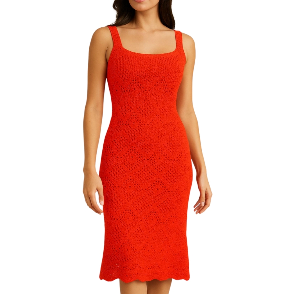 525 America Revolve Red Crochet Midi Dress Square Neck Scalloped NWOT XS